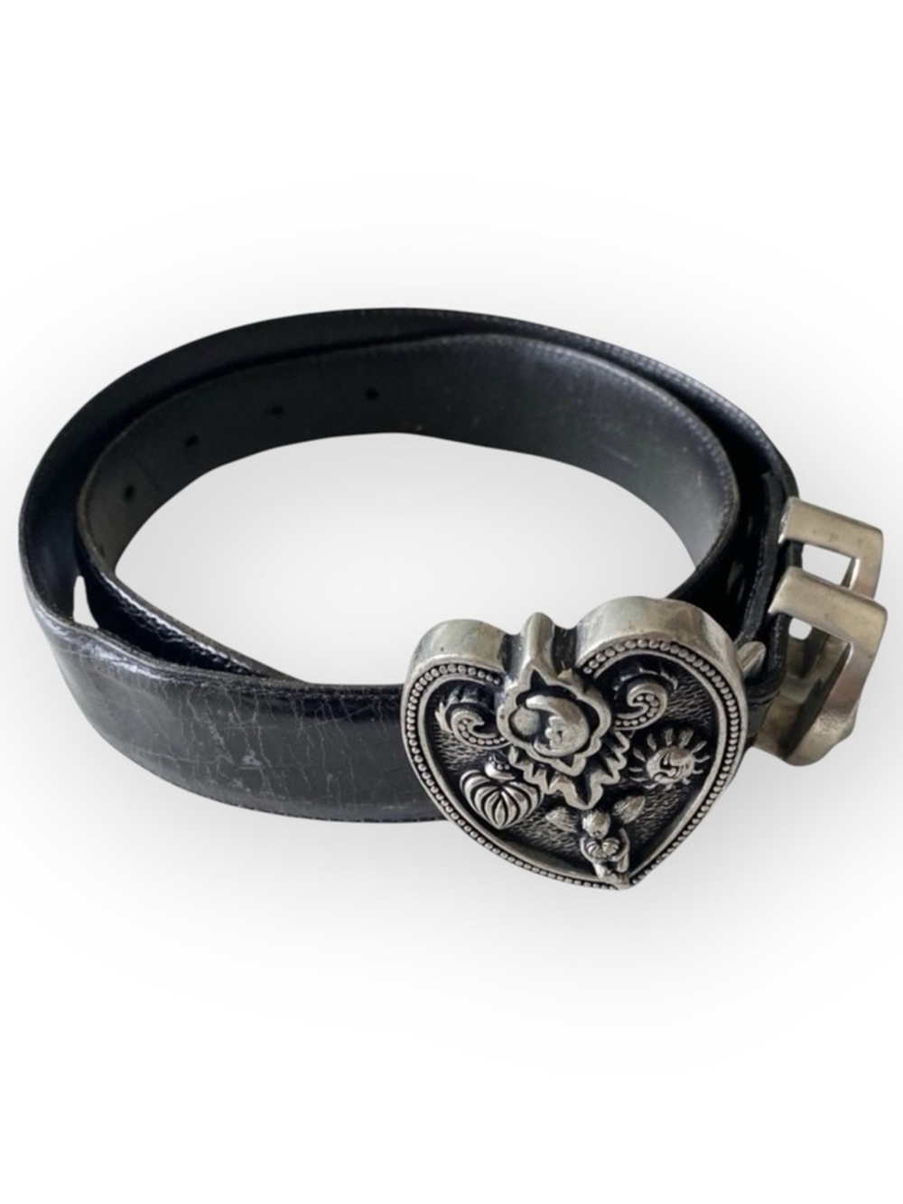 Vintage: Vincenza ☾ ©1997 Celestial Etched Metal Buckle Belt ☾ Black Leather - Picture 7 of 16